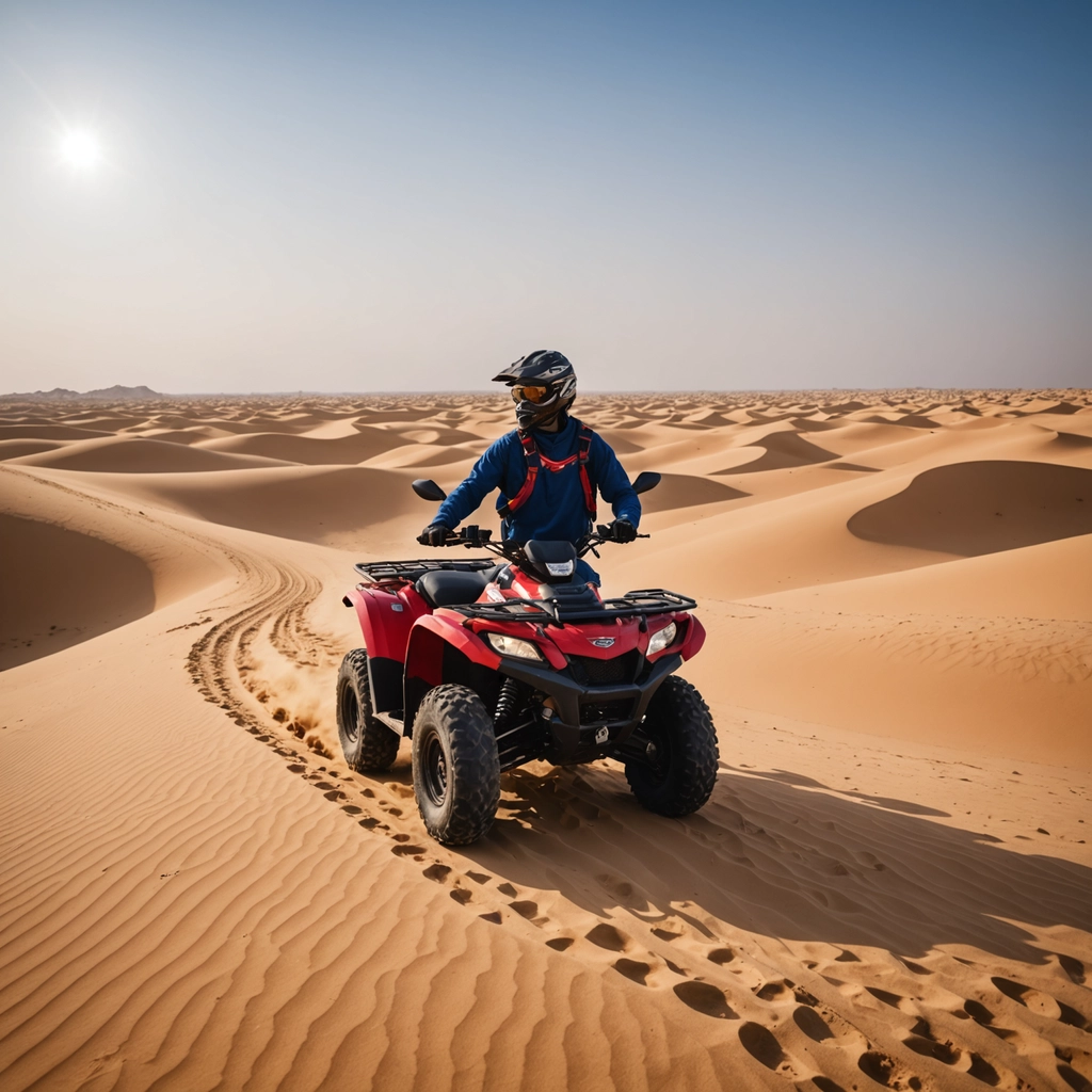 Quad fahren in der Wüste bei Sonnenuntergang